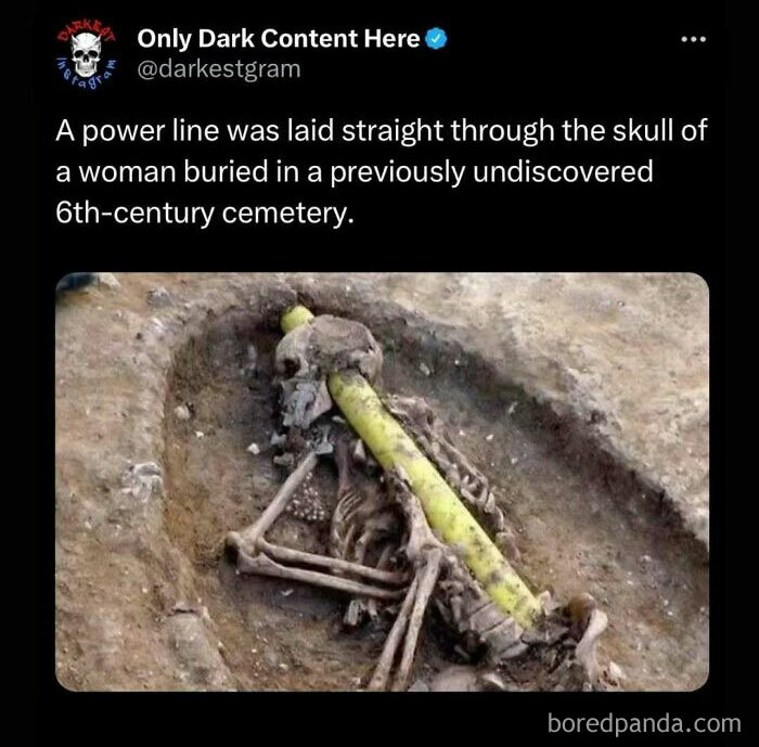 Skeleton with a power line through the skull, featured on darkest page on Instagram sharing creepy dark content stories.