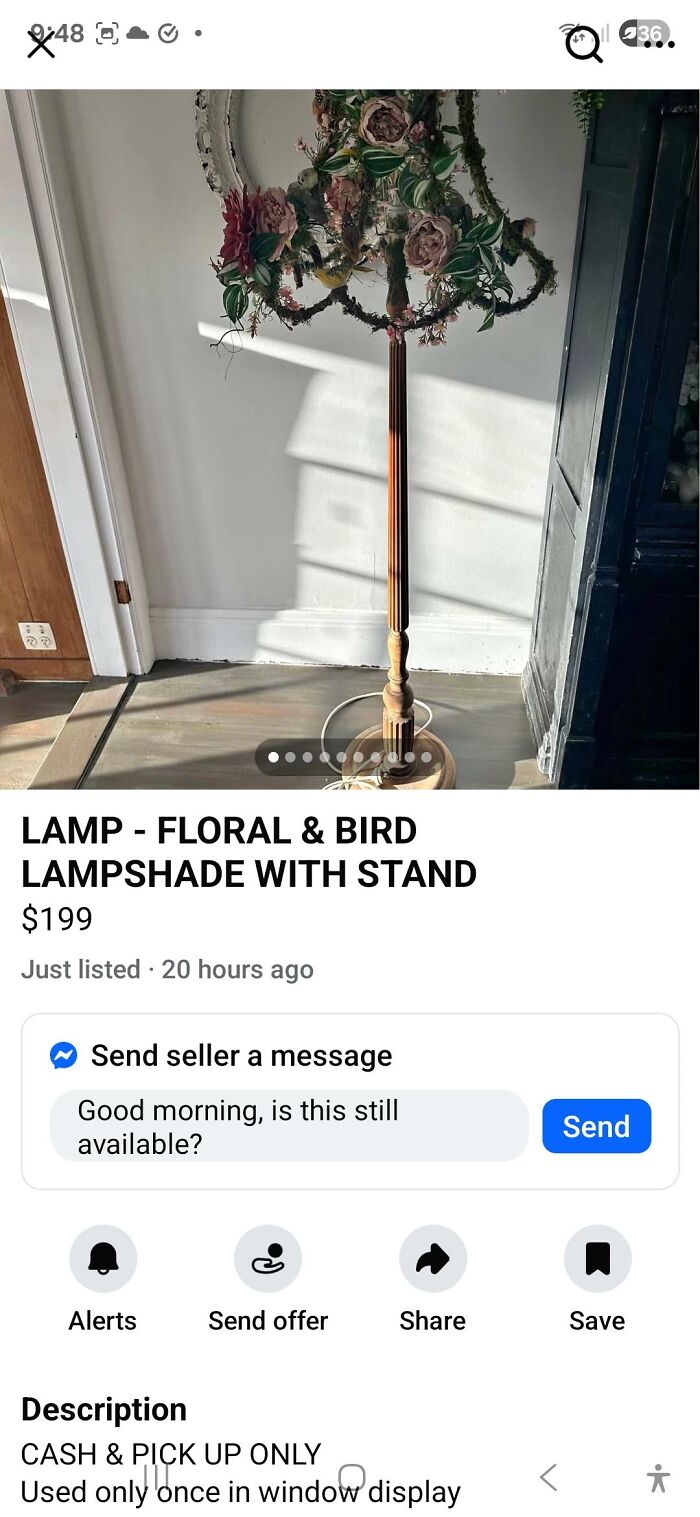 Floral and bird lampshade with stand DIY project showing unique but questionable craft design in home decor setting.