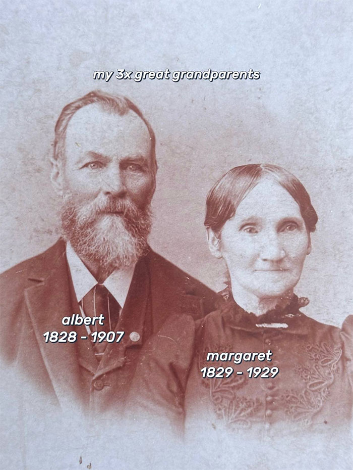 Sepia photo of 3x great grandparents Albert and Margaret, key figures in family historian sharing family tree online.