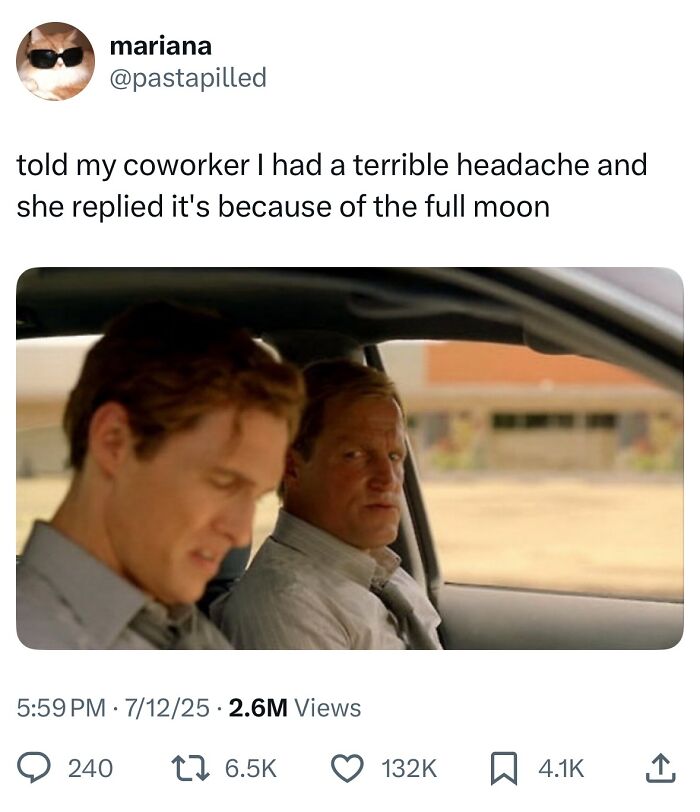 Tweet text about a headache blamed on the full moon, part of hilarious tweets from July trending online.