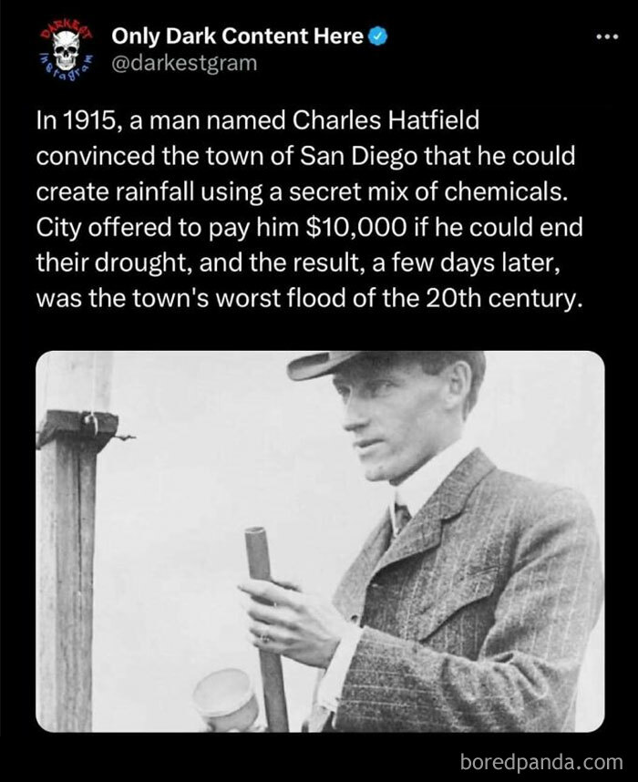 Old black and white photo with text about dark content and spooky stories from the darkest page on Instagram.