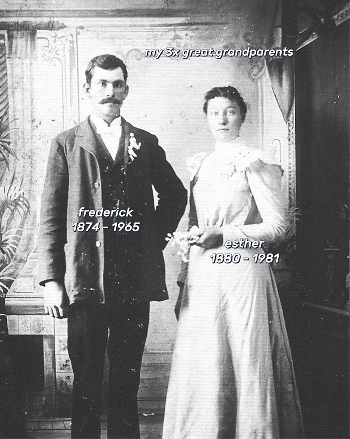 Black and white photo of 3x great grandparents Frederick and Esther, highlighting family historian and family tree research.
