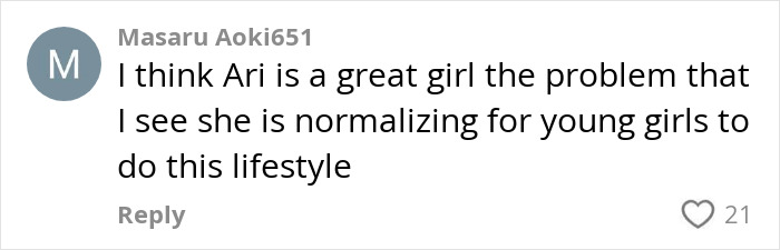 Comment saying Ari normalizes a provocative lifestyle for young girls, amid L&rsquo;Or&eacute;al hiring debates.