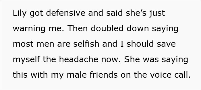 Text excerpt discussing a woman blaming sexism for job rejection and a sister giving a brutal reality check.