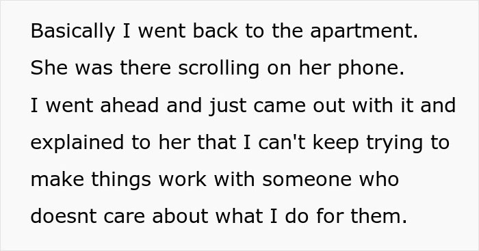 Text on screen showing a man explaining to a woman he can&rsquo;t keep trying after she threw away the dinner he made.