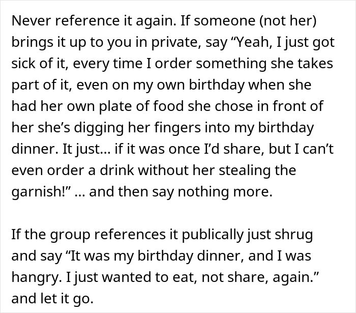 Text excerpt showing a woman describing how her coworker keeps helping herself to her food, causing frustration on her birthday.