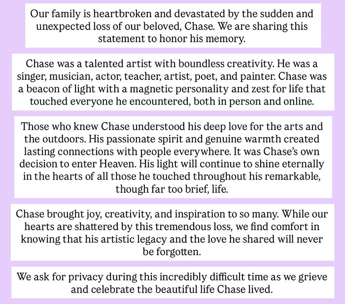 Alt text: Statement honoring Chase Filandro&rsquo;s memory, highlighting his creativity and the impact of his life and loss