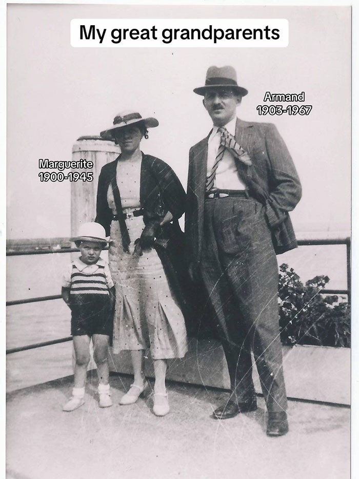 Black and white photo of great grandparents and a child, illustrating family historian sharing their family tree online.