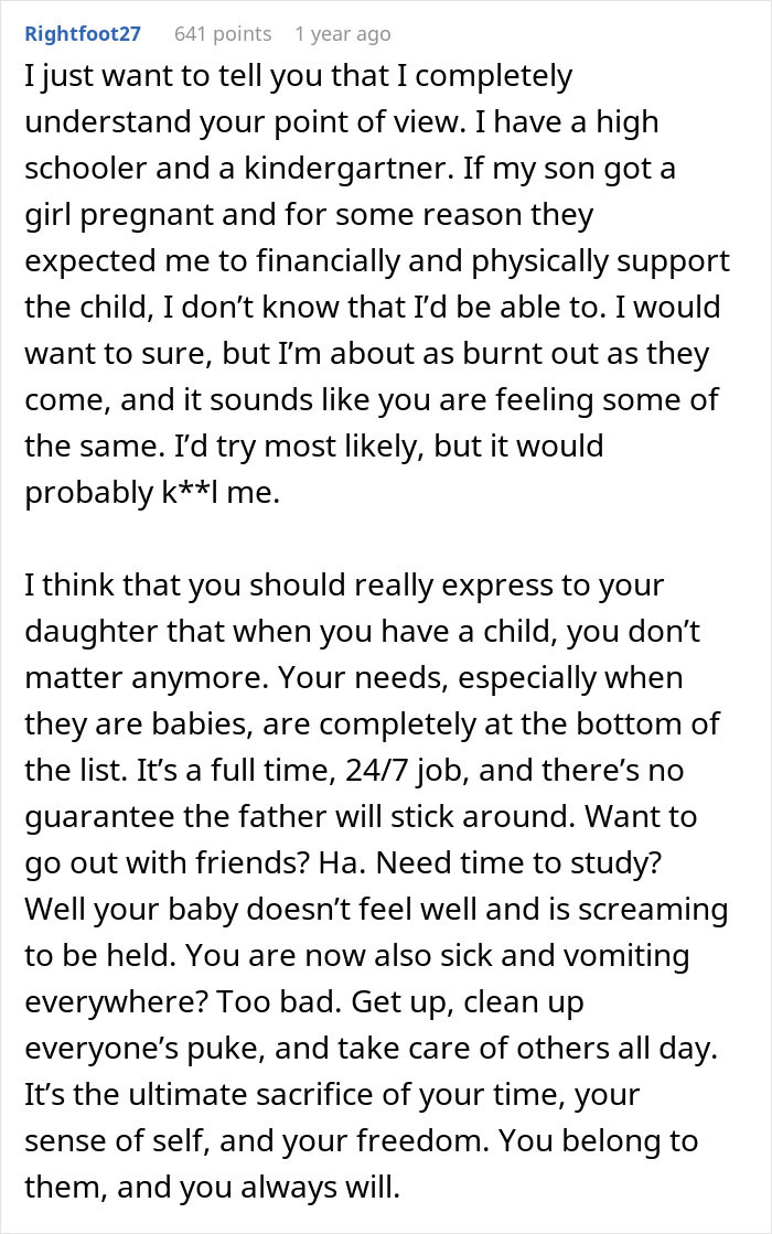 Commenter explains challenges of teen insisting on keeping her baby with little help from the dad, highlighting sacrifices involved.