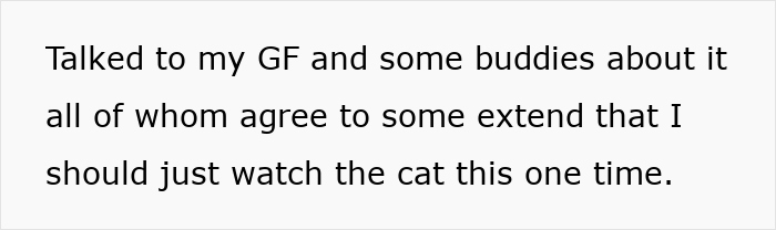 Text message discussing plans to watch the cat once as part of family vacation and roommate duties.