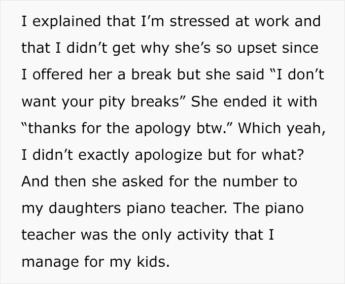 Text showing a stressed man explaining work issues while his wife asks for their daughter's piano teacher contact.