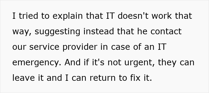 Text excerpt illustrating a guy clapping back with two weeks notice after being expected to teach 12 years of knowledge before PTO.