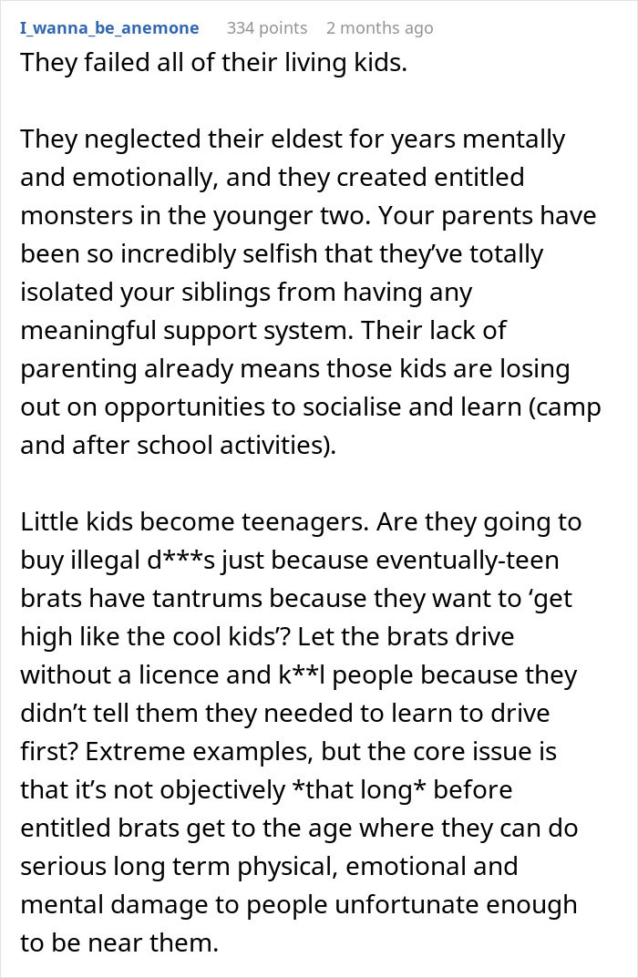 Comment discussing effects of neglect on siblings, emphasizing refusal to babysit after feeling treated like a stranger. Comment discussing effects of neglect on siblings, emphasizing refusal to babysit after feeling treated like a stranger.