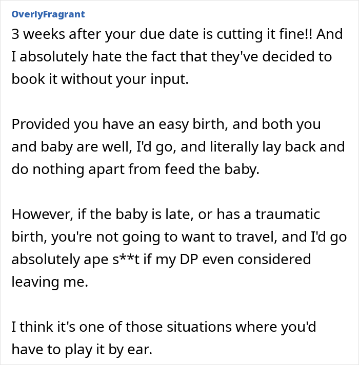 ALT text: Online forum post discussing postpartum trip concerns and handling travel plans with a pregnant wife and toddler.