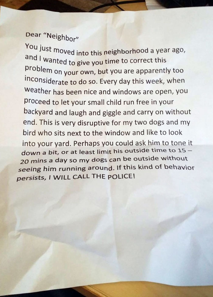 Note from an unhinged neighbor complaining about a child running free, highlighting unhinged neighbors' notes challenges.