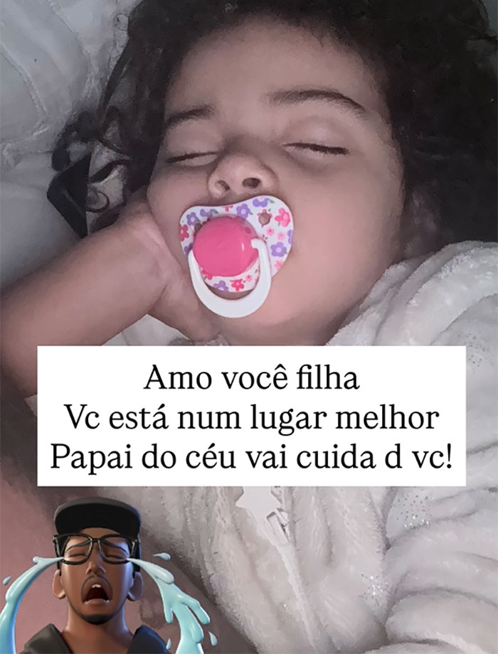 Sleeping toddler with pacifier, accompanied by a heartfelt message and an animated crying character, related to drowning incident.
