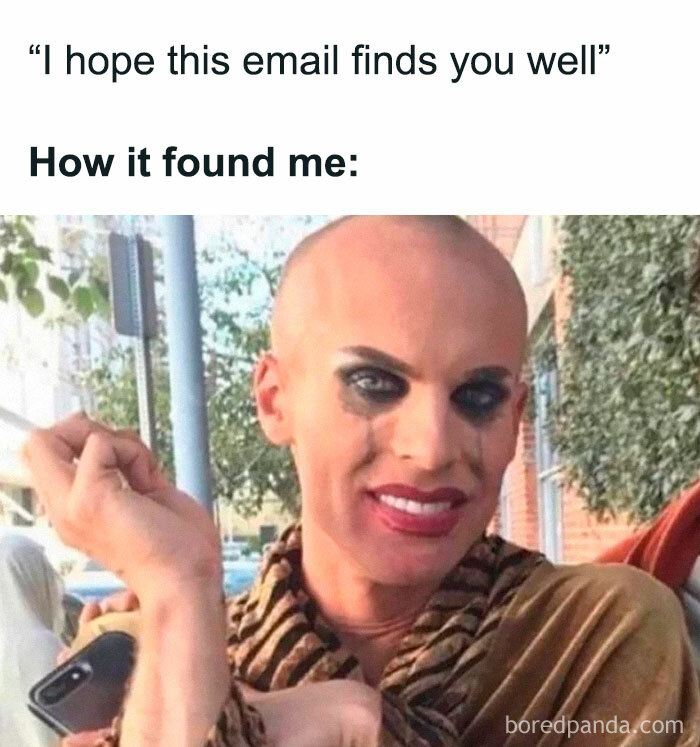 Person with smeared makeup awkwardly smiling while holding a phone, depicting introvert-worthy meme humor.