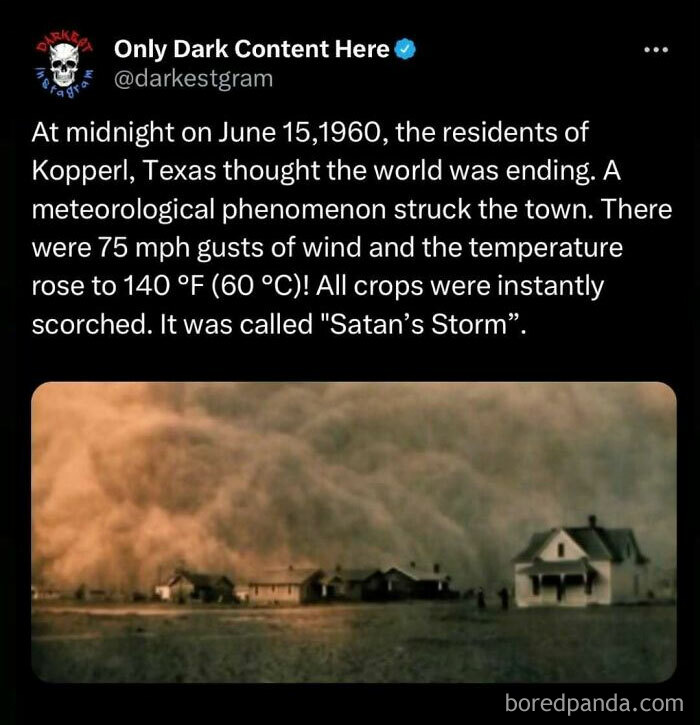 Screenshot of darkest page on Instagram post describing the 1960 Satan’s Storm with scorching winds in Texas.