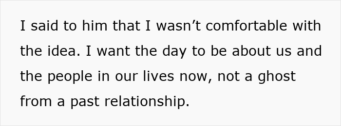 Text on a white background discussing discomfort about including a non-biological child in a fiance wedding day celebration.
