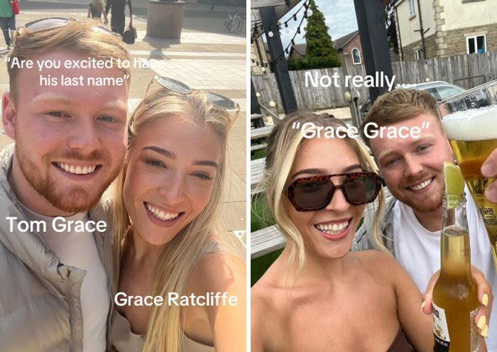 Couple sharing funny posts about the married surname trend with playful reactions and smiles outdoors.
