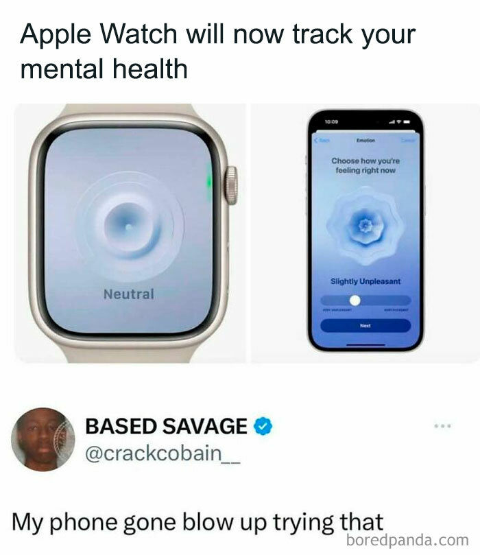 Apple Watch and phone screens showing mental health tracking with a humorous meme about chaotic British memes.