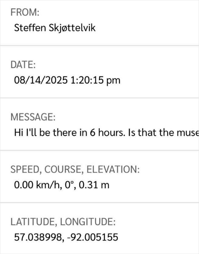Screenshot of a hiking GPS message showing location coordinates and speed for a lone hiking trip.