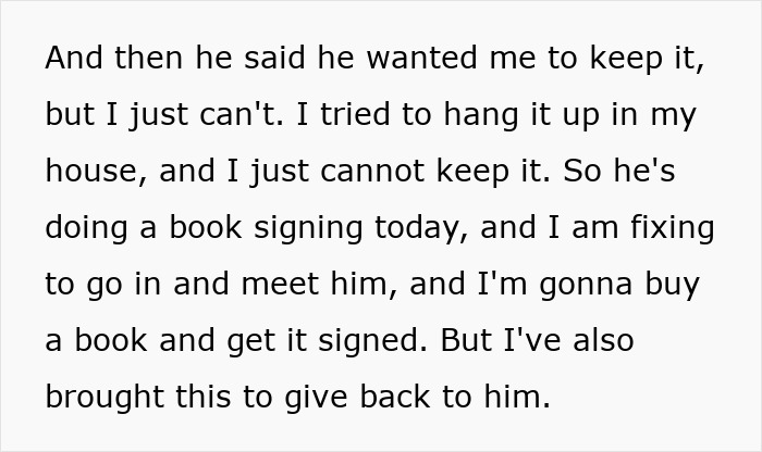 Text excerpt showing a woman explaining why she refuses to keep a painting after reading the message on the back. Text excerpt showing a woman explaining why she refuses to keep a painting after reading the message on the back.