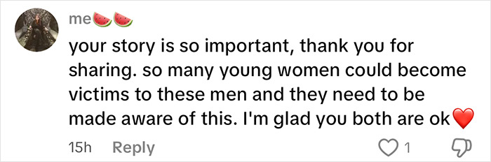 Comment praising a woman’s urgent warning about human trafficking after a stranger saved her and her friend while on vacation. Comment praising a woman’s urgent warning about human trafficking after a stranger saved her and her friend while on vacation.