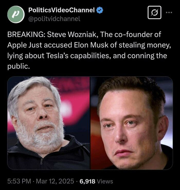 Steve Wozniak and Elon Musk side by side in a post about failed attempts involving accusations and public controversy.