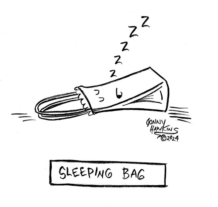 One-panel comic by Jonathan Ray Hawkins showing a sleeping face inside a bag labeled sleeping bag with Zzz signs.