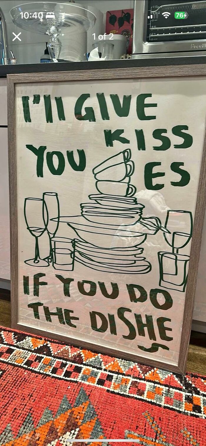 Humorous craft shaming DIY kitchen sign with hand-drawn stacked dishes and green lettering on white background.