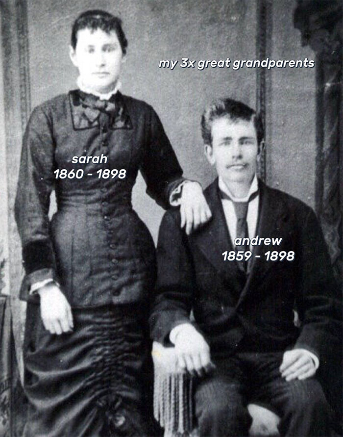 Black and white photo of 3x great grandparents Sarah and Andrew, early family historian inspiring others to share family trees online.