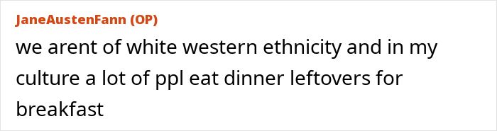 Screenshot of an online forum post text discussing cultural dinner habits with a focus on leftover meals.