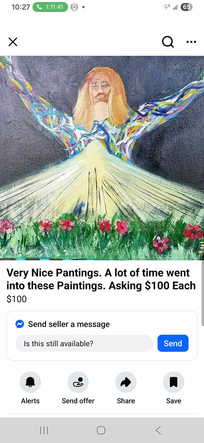 DIY craft painting of a person with outstretched arms and colorful shirt above flowers in grass, featured for craft shaming.