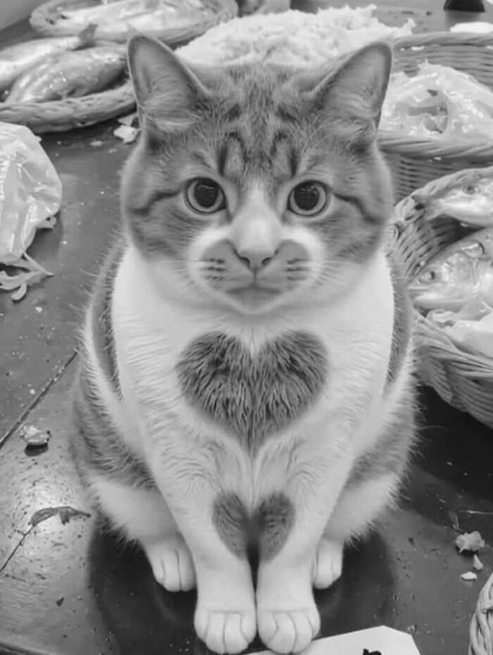 Cat with heart-shaped fur patterns on its chest and paw pads sitting indoors among baskets and food items.
