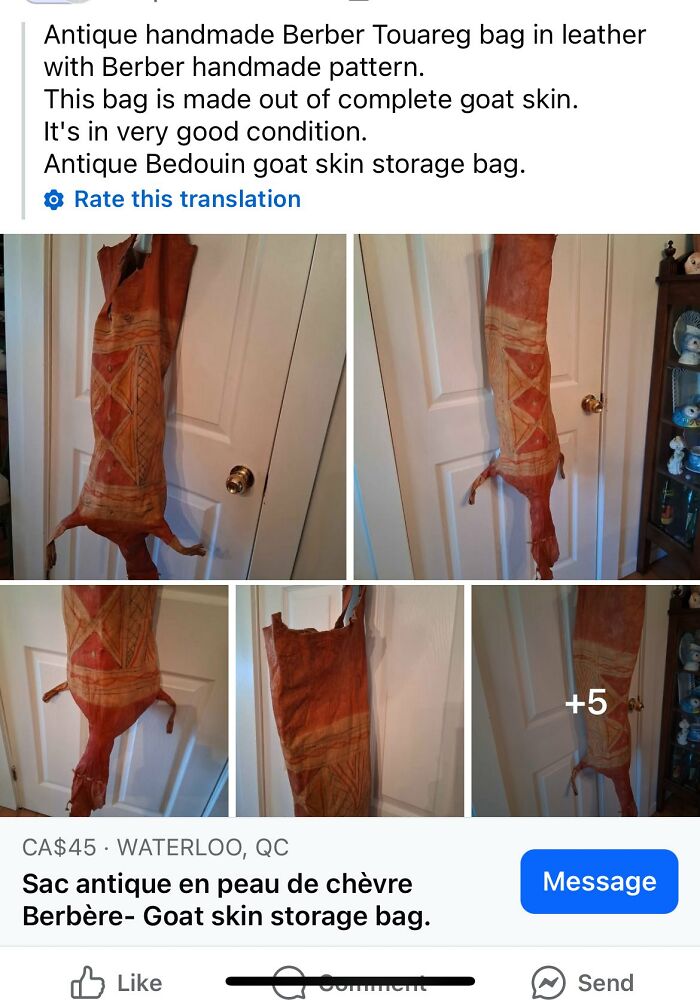 Goat skin storage bag with Berber handmade pattern shown in multiple angles on a white door backdrop.