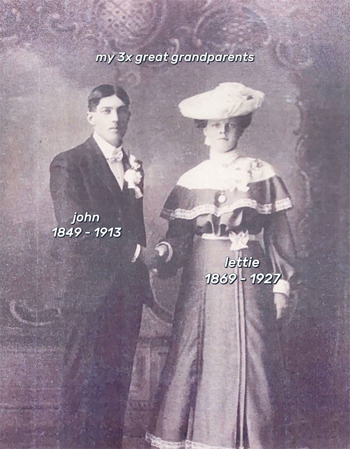 Vintage portrait of 3x great grandparents John and Lettie, highlighting family historian passion for sharing family tree online.