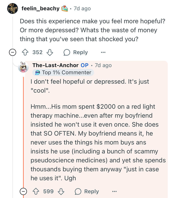 Reddit conversation where a poor woman who dates rich guy shares how his mom’s spending habits affected their lives.