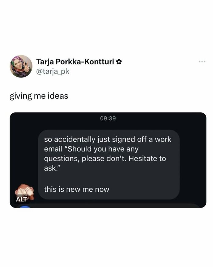 Twitter post showing a humorous work email sign-off with entertaining posts and memes to fight boredom.