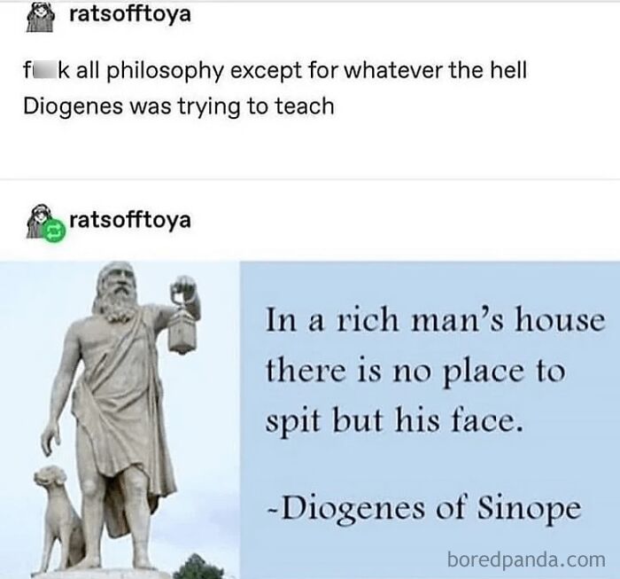 Funny history meme featuring a quote by Diogenes of Sinope about philosophy and rich men’s houses.