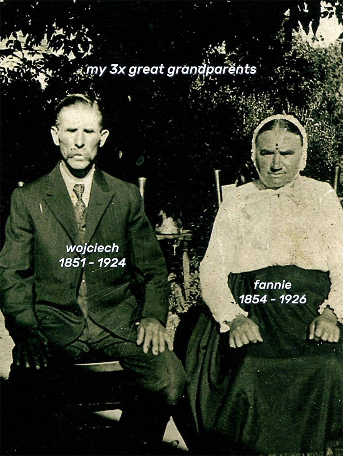 Black and white photo of 3x great grandparents Wojciech and Fannie, highlighting family historian inspiration and family tree sharing.