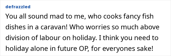 Text screenshot showing a comment about a woman regretting a trip with friend and husband after plans get ruined and tensions rise.