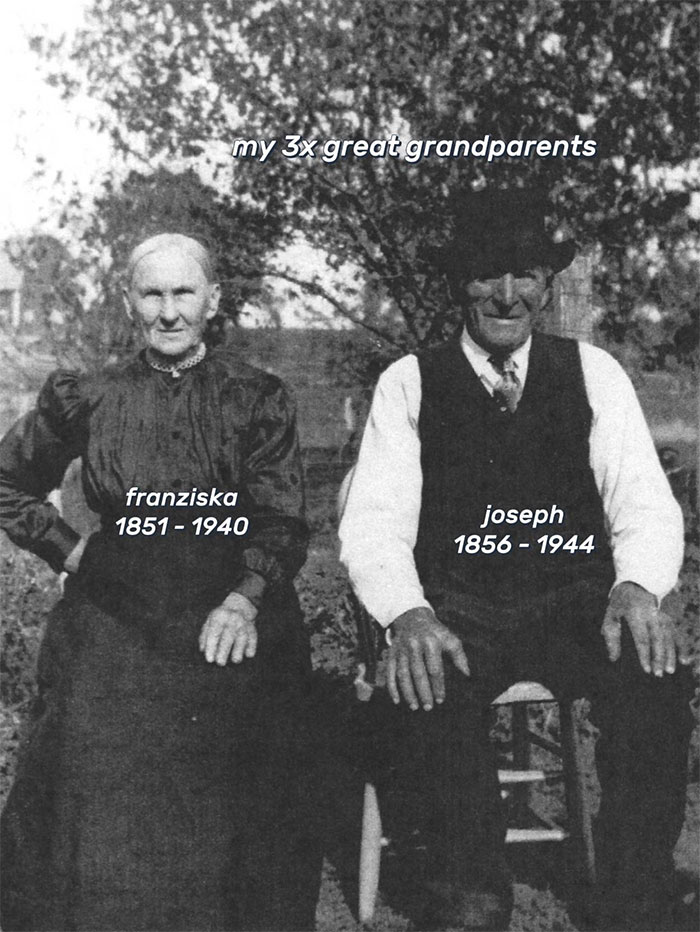 Black and white photo of 3x great grandparents Franziska and Joseph, featured by a family historian sharing their family tree online.