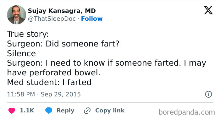 Tweet humor about a surgeon asking if someone farted, highlighting relatable medical memes for doctors and students.
