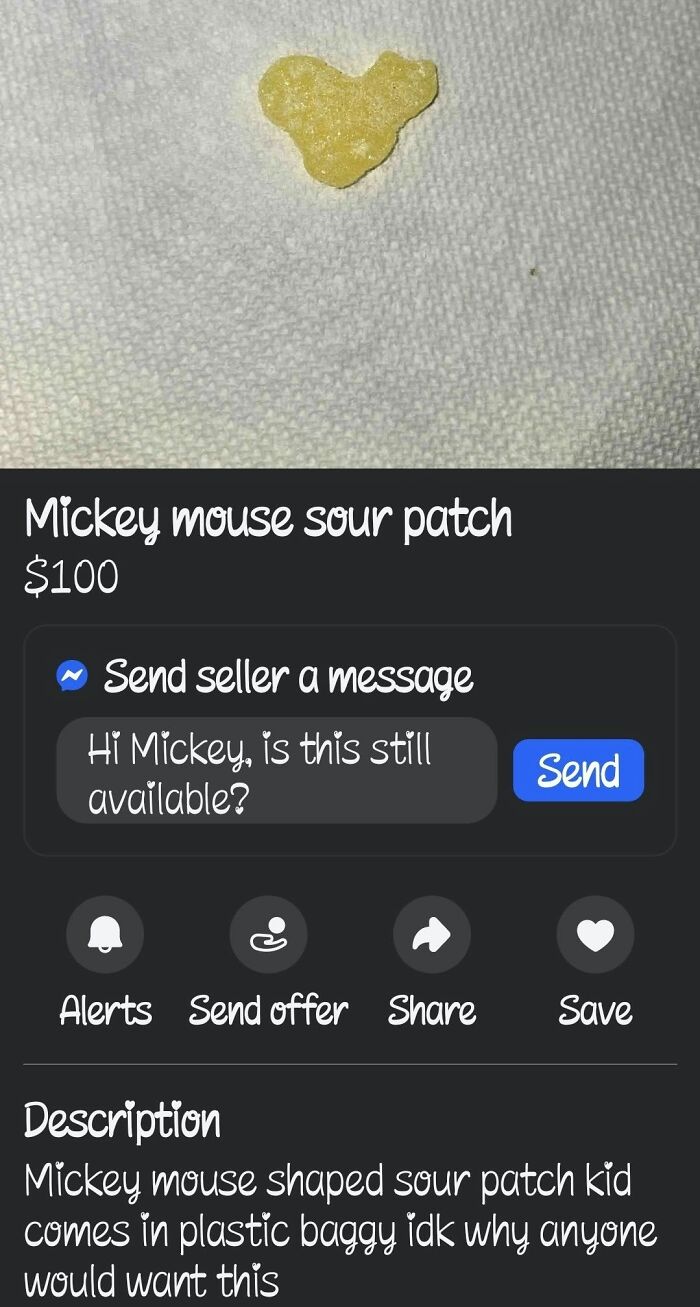 Mickey Mouse shaped sour patch candy with humorous DIY craft shaming concept in an online listing.