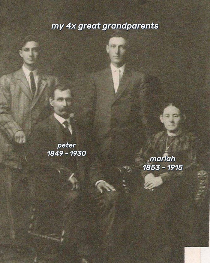 Black and white portrait of four 4x great grandparents, illustrating family historian inspiration to share family tree online.