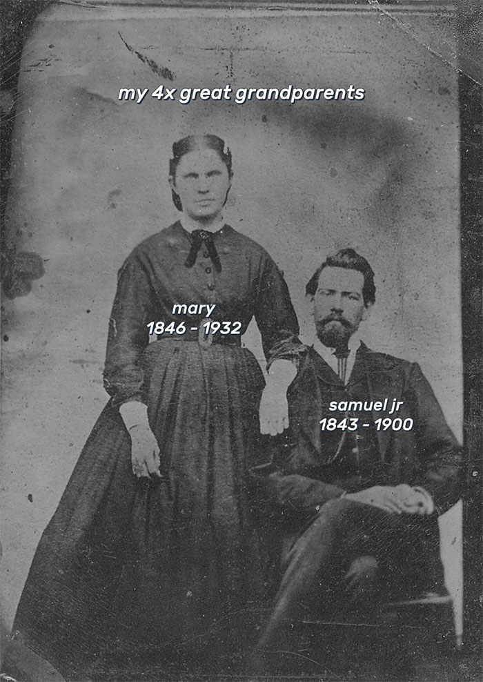 Black and white photo of 4x great grandparents Mary and Samuel Jr, key figures in family historian genealogy research.