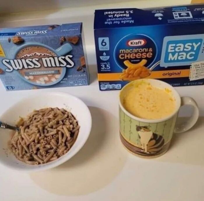 Bowl of Swiss Miss macaroni and a mug of Kraft Easy Mac, highlighting unhealthy food nobody should eat for health.