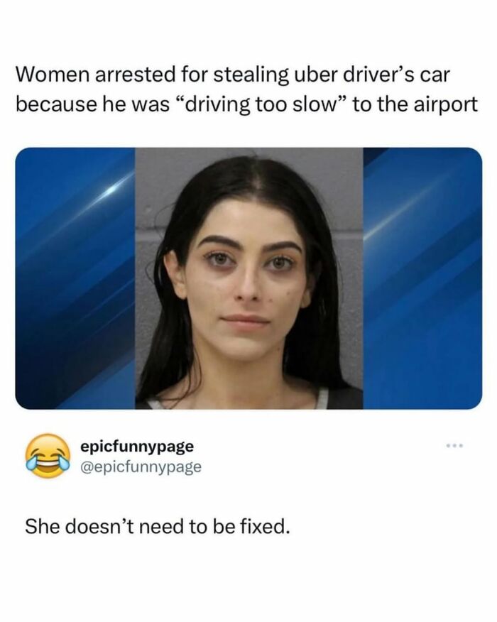 Mugshot of woman arrested for stealing Uber car, featured in entertaining posts and memes to fight boredom.