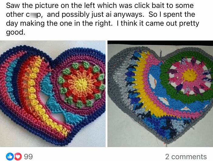 Side-by-side images of two colorful crocheted heart shapes showcasing DIY craft projects for craft shaming.